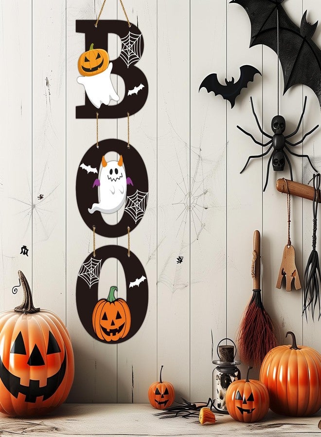 YUNKKIN Halloween Door Decorations Halloween Wreath Cute Ghost Decor Pumpkin Boo Sign Bat Spider Web Wooden Front Door Hanger Ghost Pumpkin Hanging Sign Wreath for Wall Indoor Home Decor - Image 4